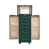 Angled view of the Artisan standing vanity trunk showing the depth of the drawers and the velvet-lined interior compartments.