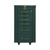 Front view of an Artisan green trunk-style jewelry armoire featuring gold hardware, six drawers with handles, and a lockable top.
