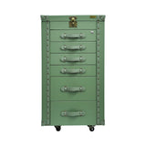 Front view of an Artisan green trunk-style jewelry armoire, six drawers with handles, and a lockable top.