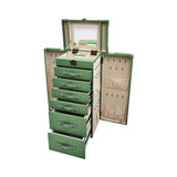 Artisan jewelry chest fully opened showing a top mirror, side doors with necklace hooks and pouches, and six storage drawers.