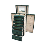 Artisan jewelry chest fully opened showing a top mirror, side doors with necklace hooks and pouches, and six storage drawers.