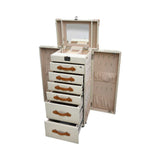 Artisan jewelry chest fully opened showing a top mirror, side doors with necklace hooks and pouches, and six storage drawers.
