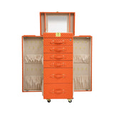 Angled view of the Artisan standing vanity trunk showing the depth of the drawers and the velvet-lined interior compartments.