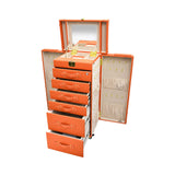 Artisan jewelry chest fully opened showing a top mirror, side doors with necklace hooks and pouches, and six storage drawers.