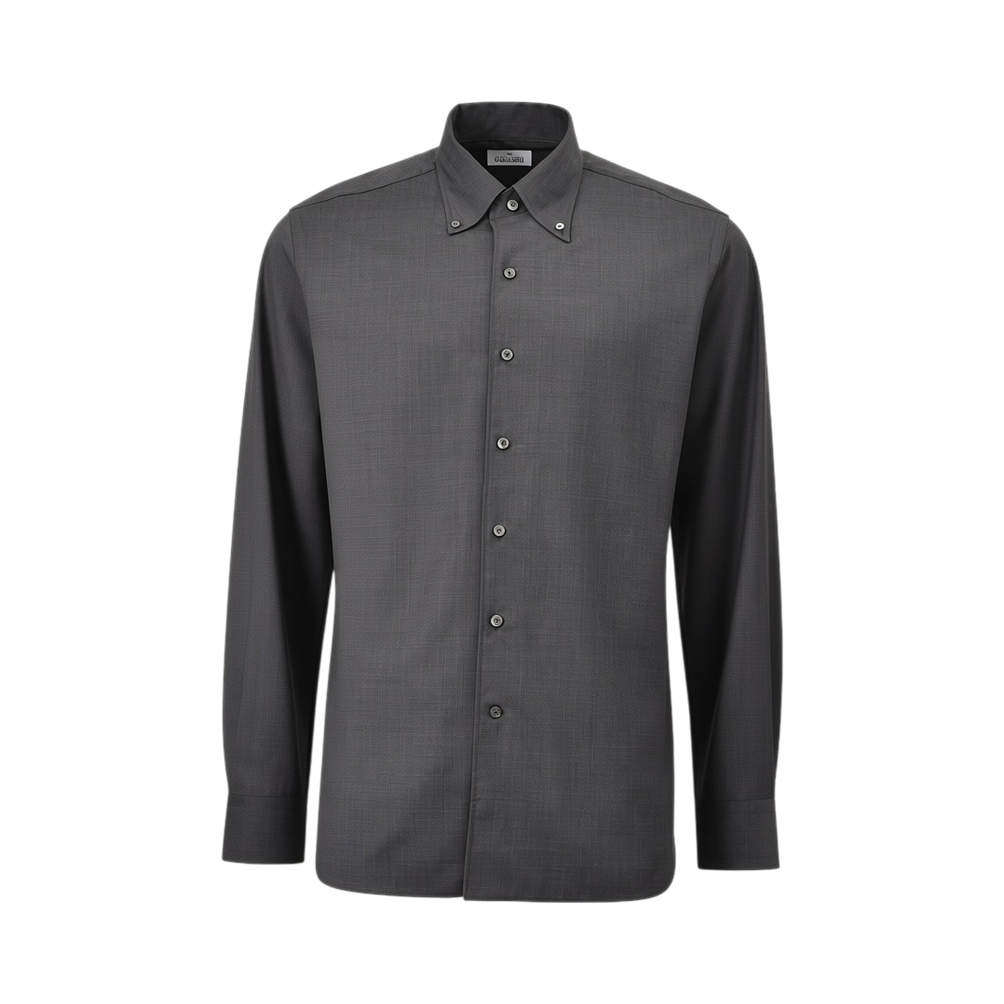 Dark grey long-sleeved men's shirt with a button-down collar and matching front buttons.