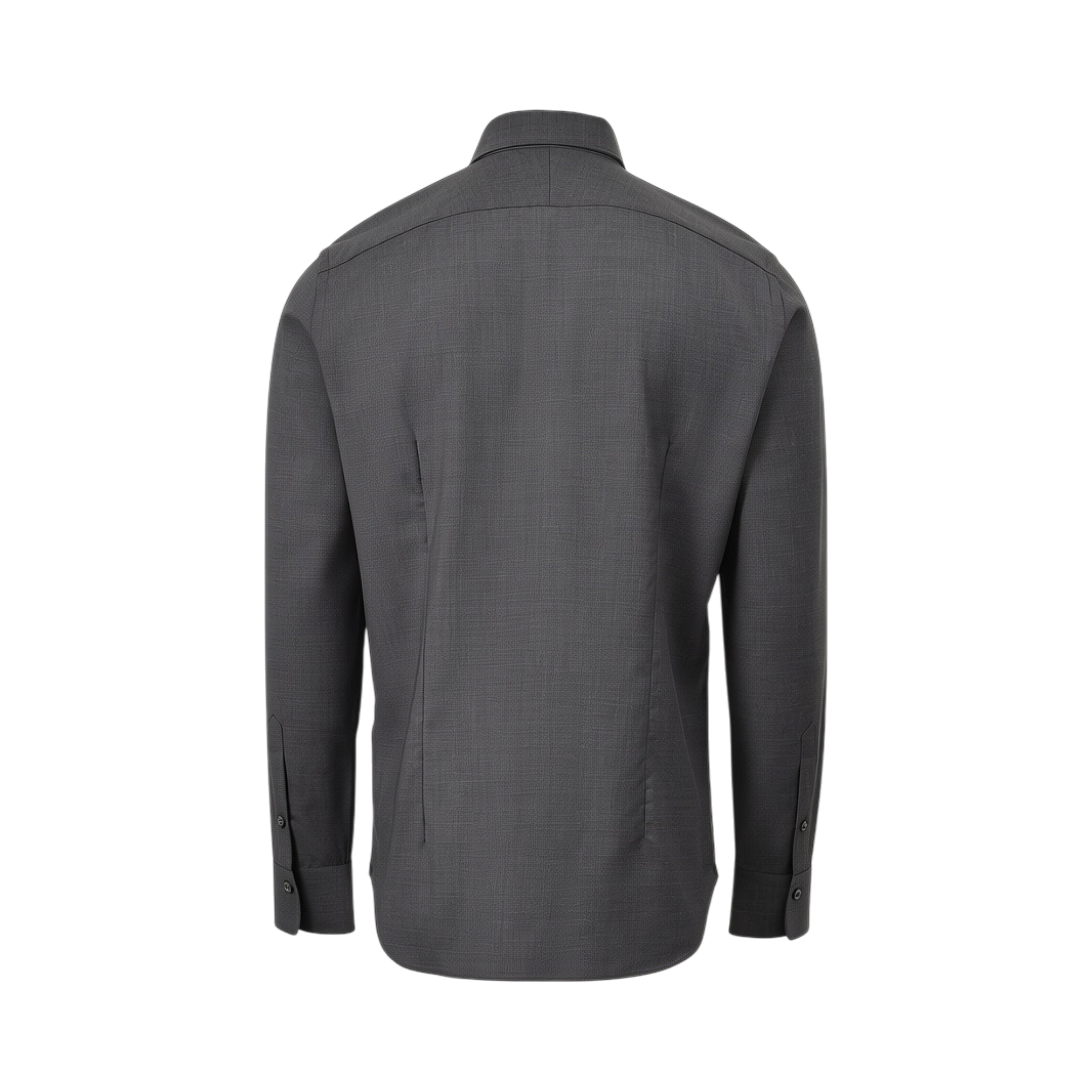 Dark grey long-sleeved shirt, back view. Features a subtle textured fabric, standard collar, and buttoned cuffs.