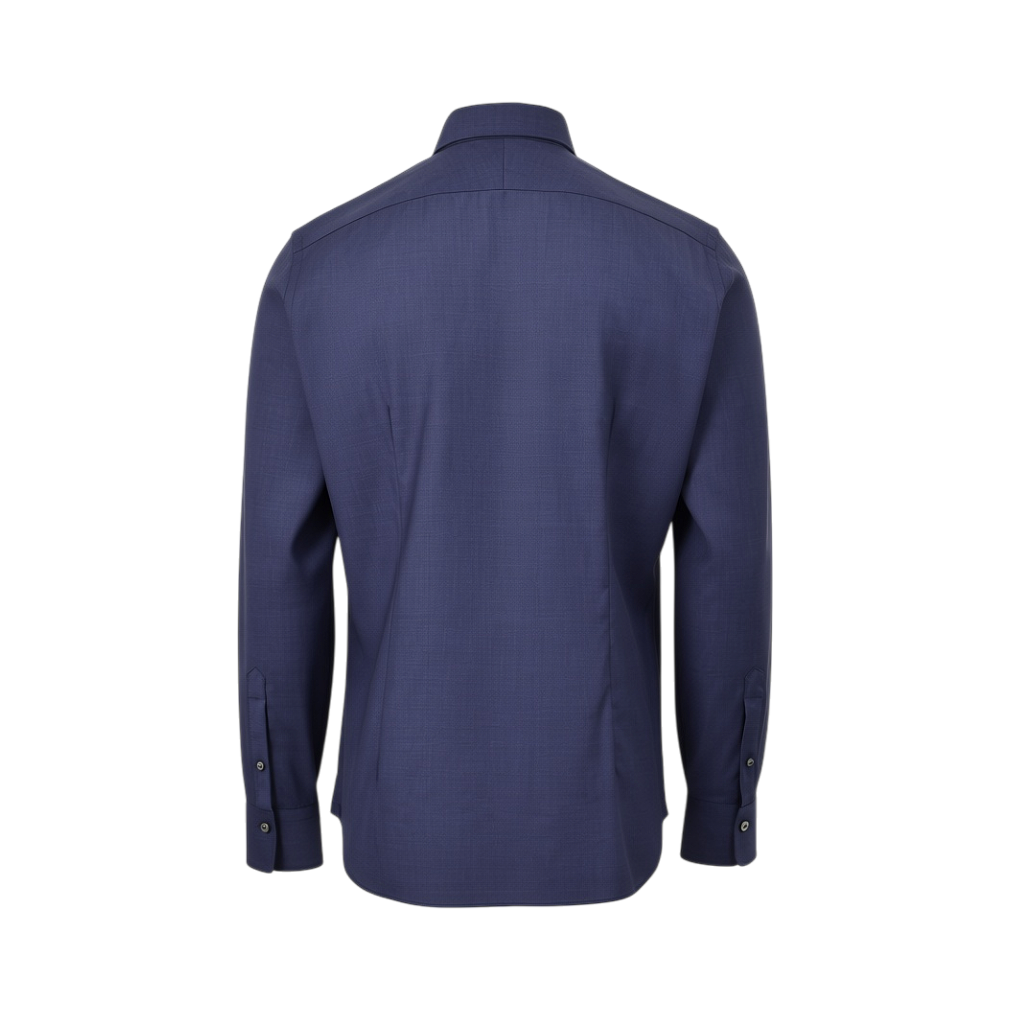 Dark blue plain dress shirt, back view. Long sleeves with button cuffs, collar, and shoulder yoke. Subtle woven texture.