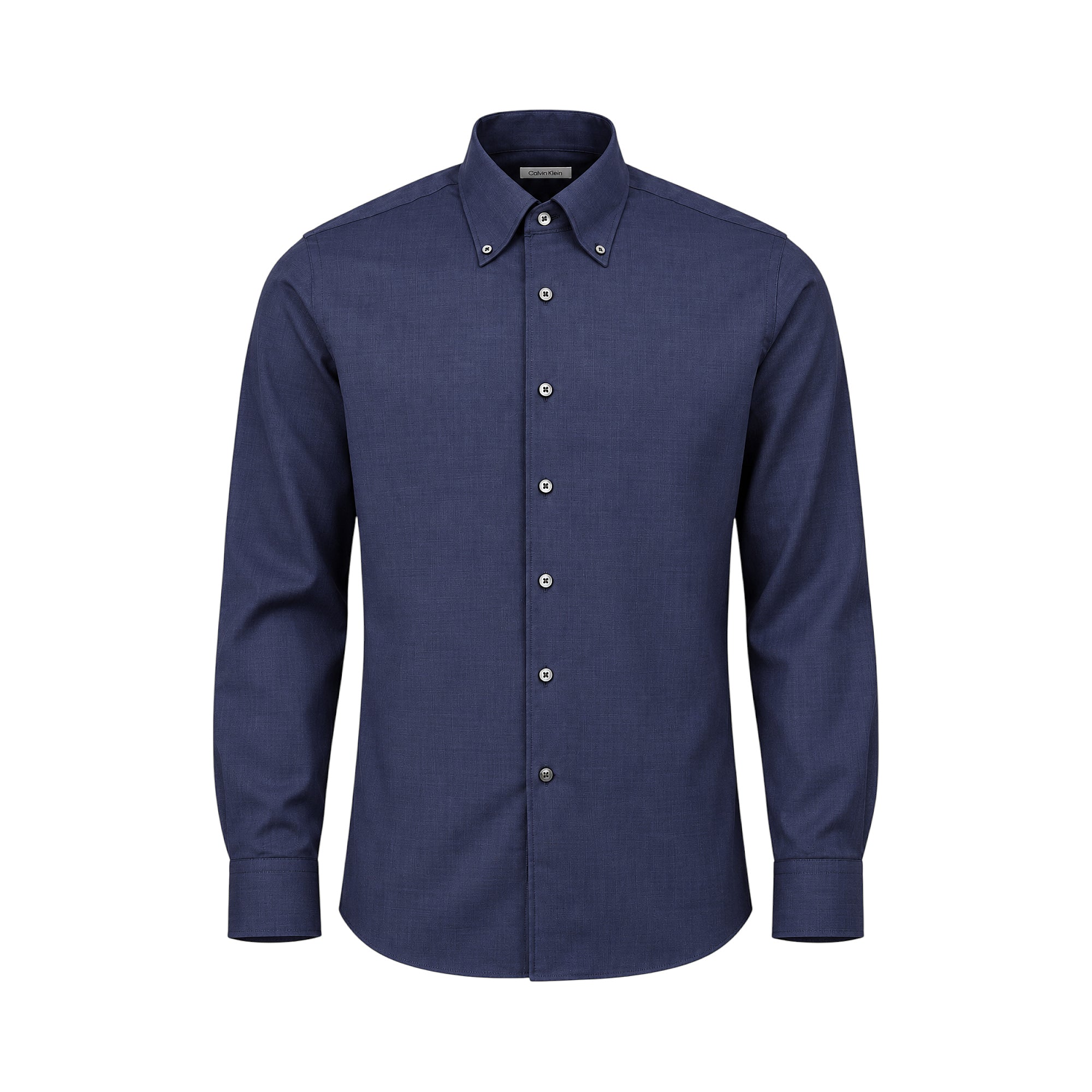 Dark blue long-sleeved button-down shirt with contrasting buttons and single-button cuffs.
