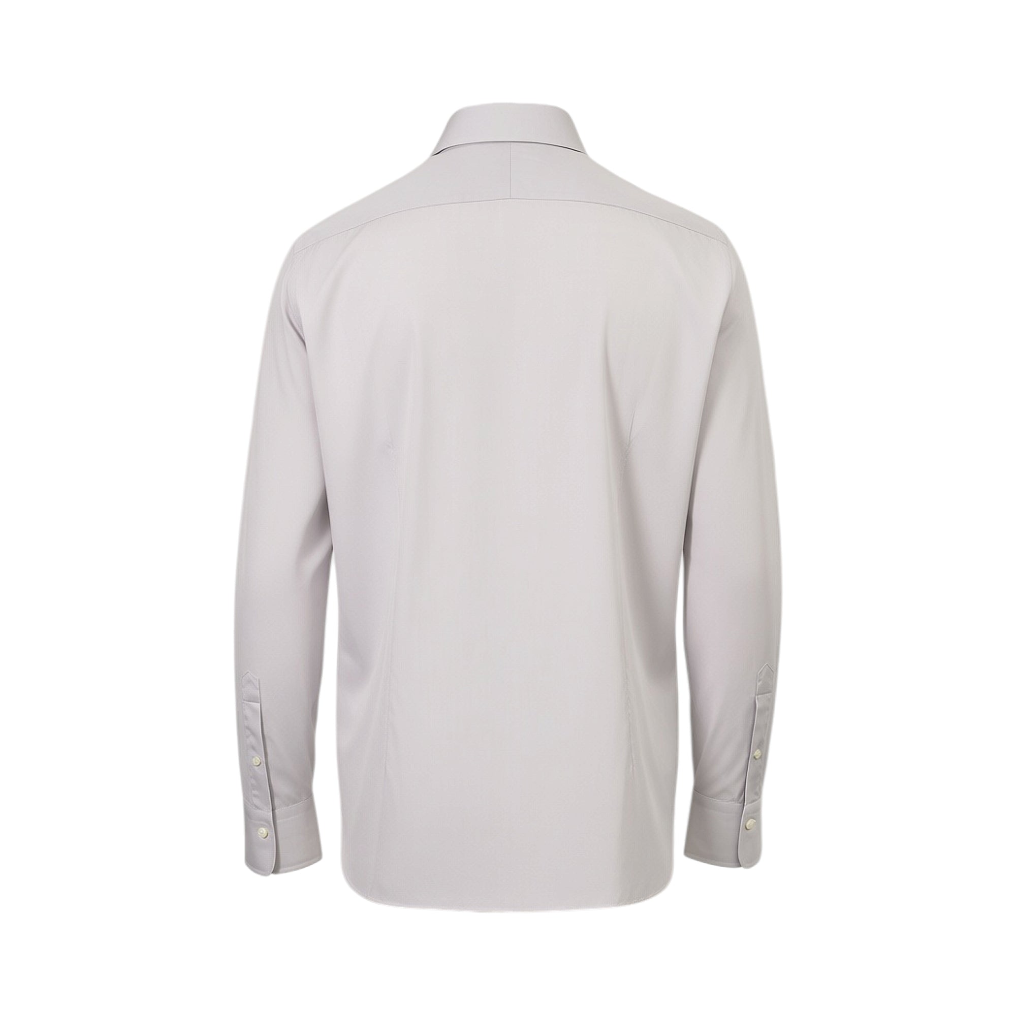 Back view of a plain light grey long-sleeved shirt with a standard collar, shoulder yoke, and buttoned cuffs.