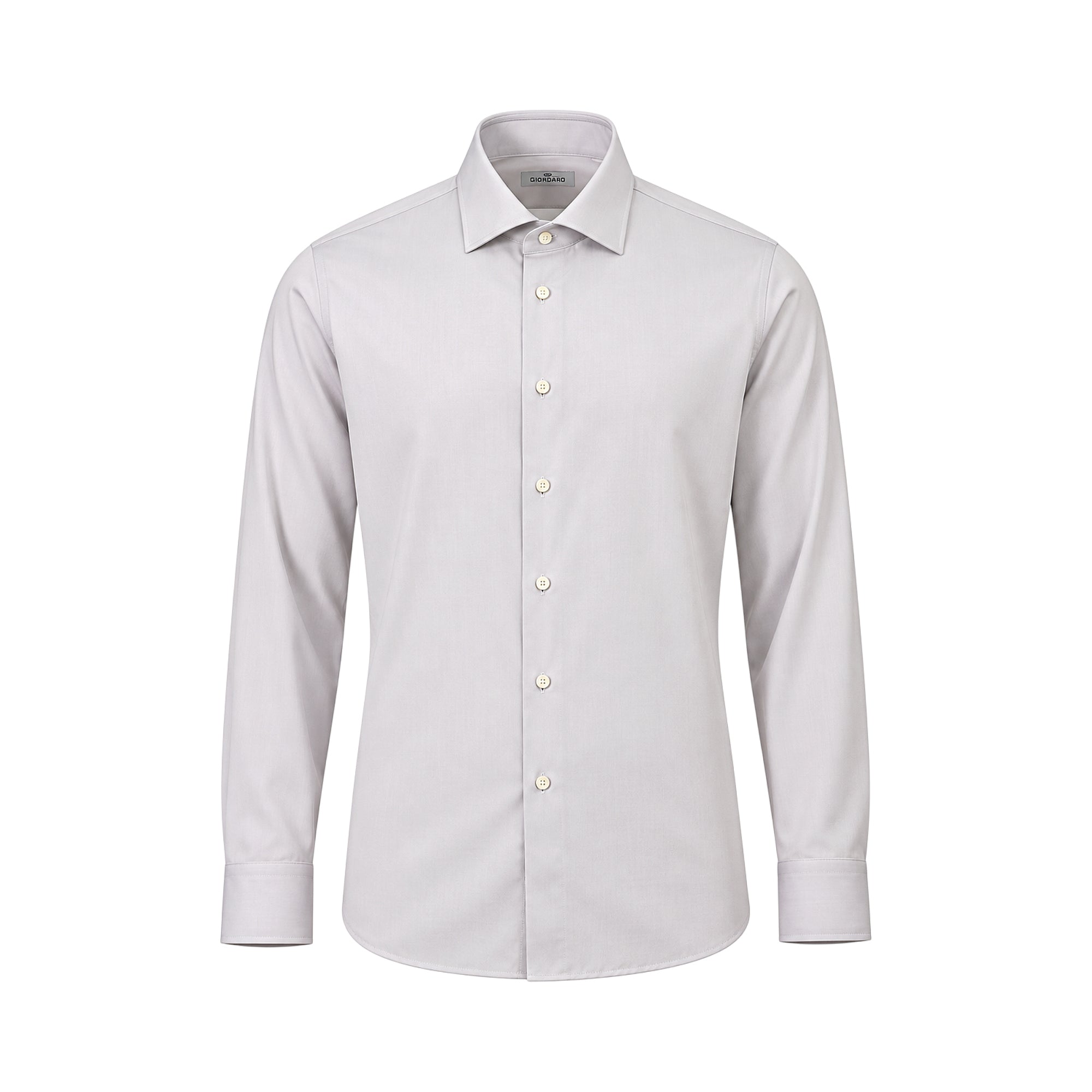Light grey long-sleeved men's shirt with a classic collar, button-front closure, and buttoned cuffs.