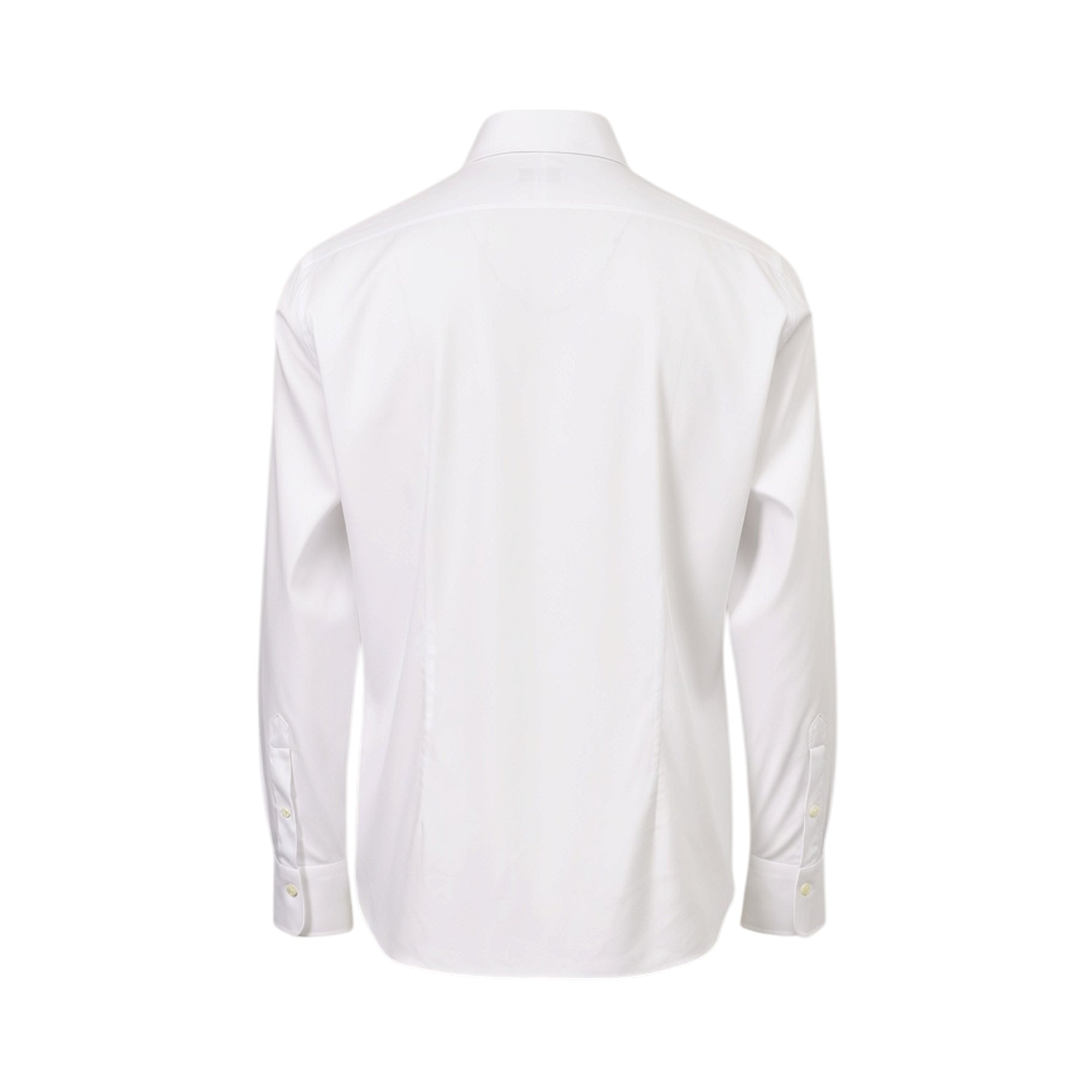 Back view of a plain white long-sleeved shirt with a standard collar, buttoned cuffs, and vertical seams.