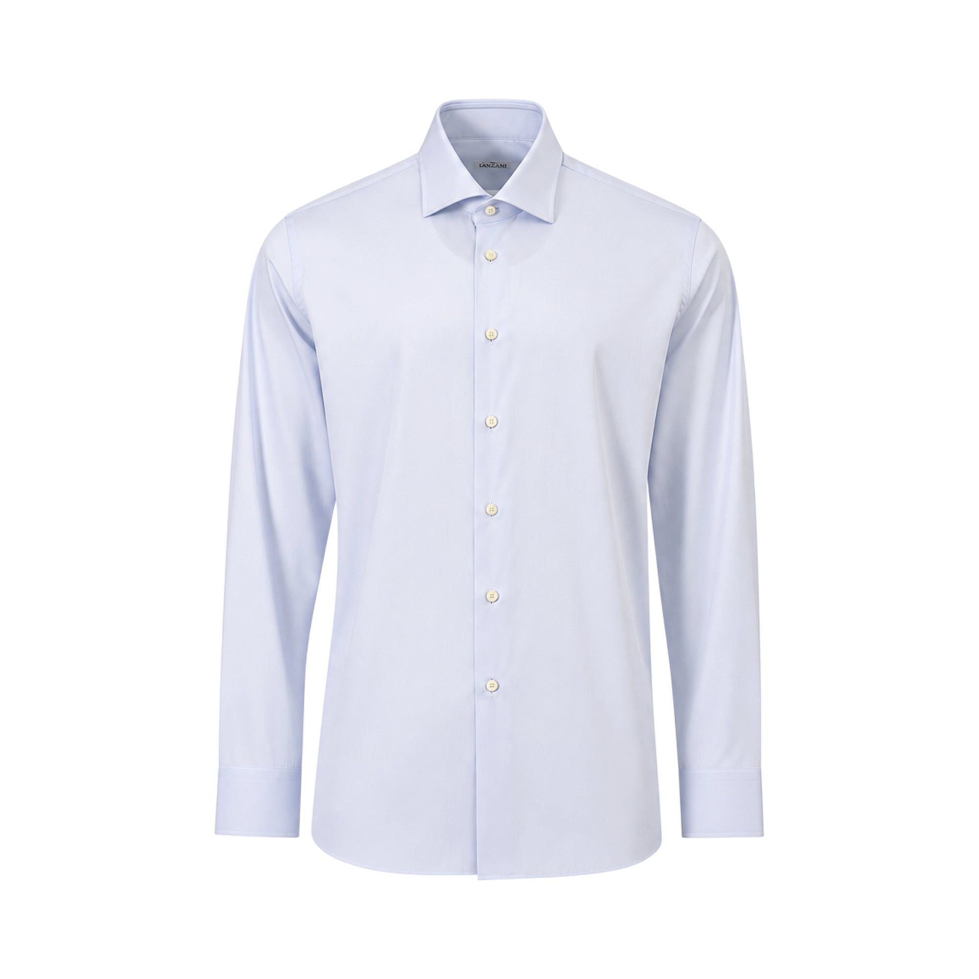 Light blue plain long-sleeve men's shirt with a spread collar, full-button front, and buttoned cuffs.