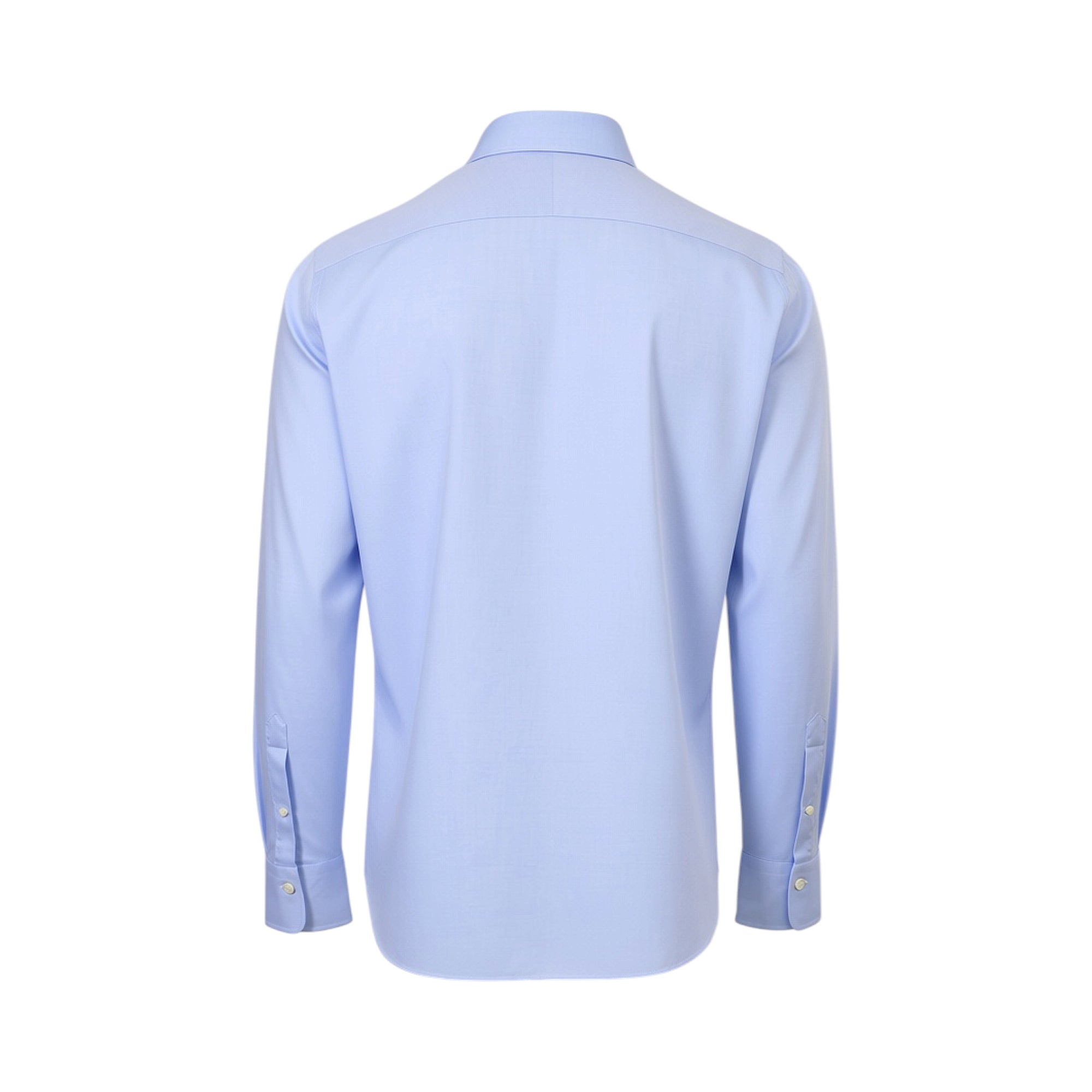 Light blue men's long-sleeved shirt with a classic collar, buttoned cuffs, and a curved hem, viewed from the back.