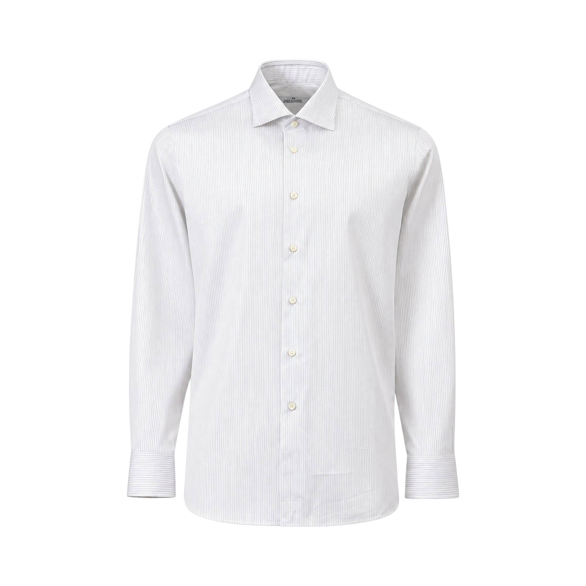 White men's long-sleeved shirt with fine light blue vertical stripes, spread collar, and buttoned cuffs.