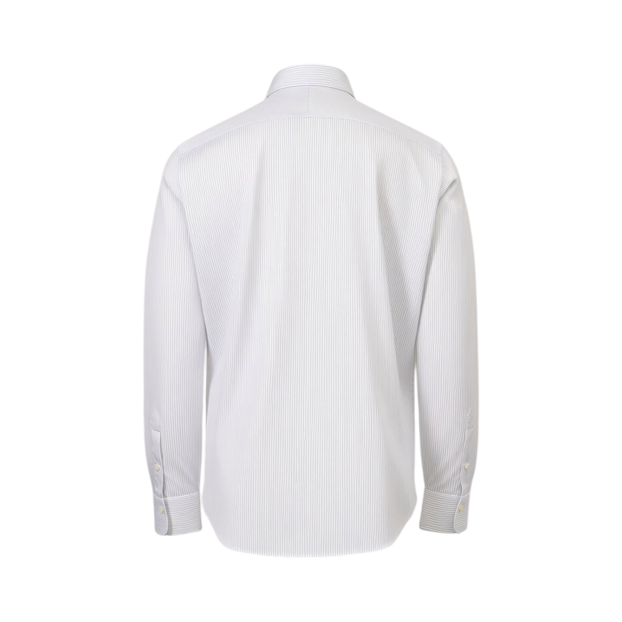 Back view of a white long-sleeved shirt with thin blue vertical stripes and buttoned cuffs.