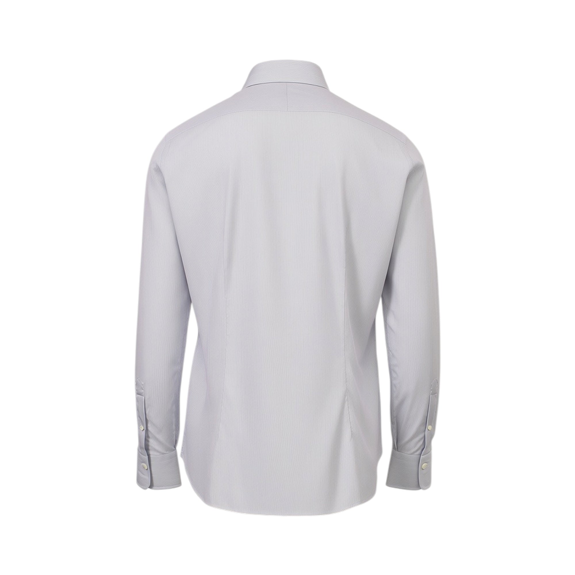Back view of a light blue long-sleeved men's shirt with subtle vertical stripes, structured collar, and buttoned cuffs.
