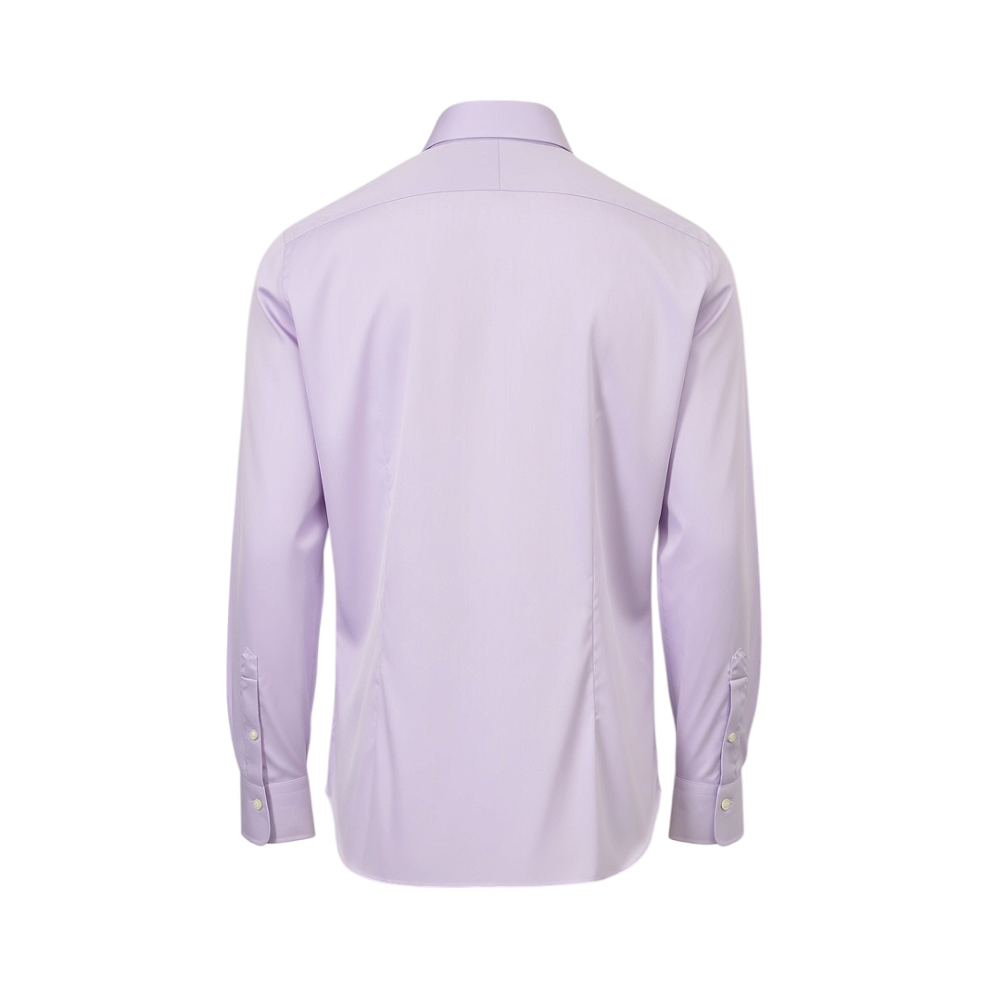 Light pink plain long-sleeved men's shirt with buttoned cuffs and back yoke, viewed from the back.