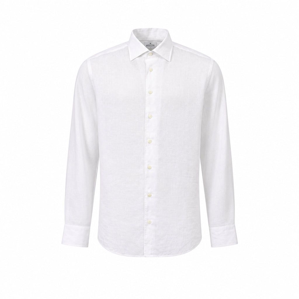 White long-sleeved men's shirt with a pointed collar, full button placket, and single-button cuffs, made from linen fabric.
