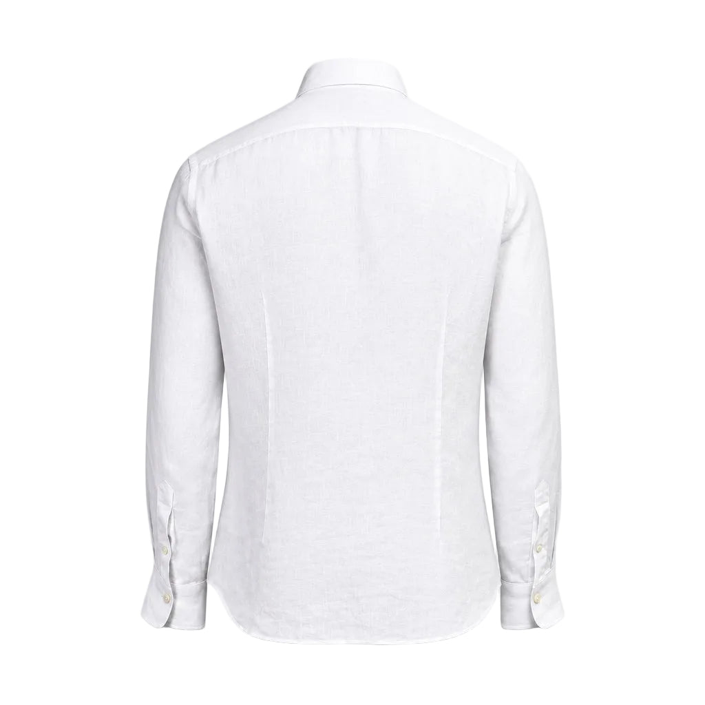 White long-sleeved linen shirt, back view, with classic collar, vertical back seams, and buttoned cuffs with two off-white bu