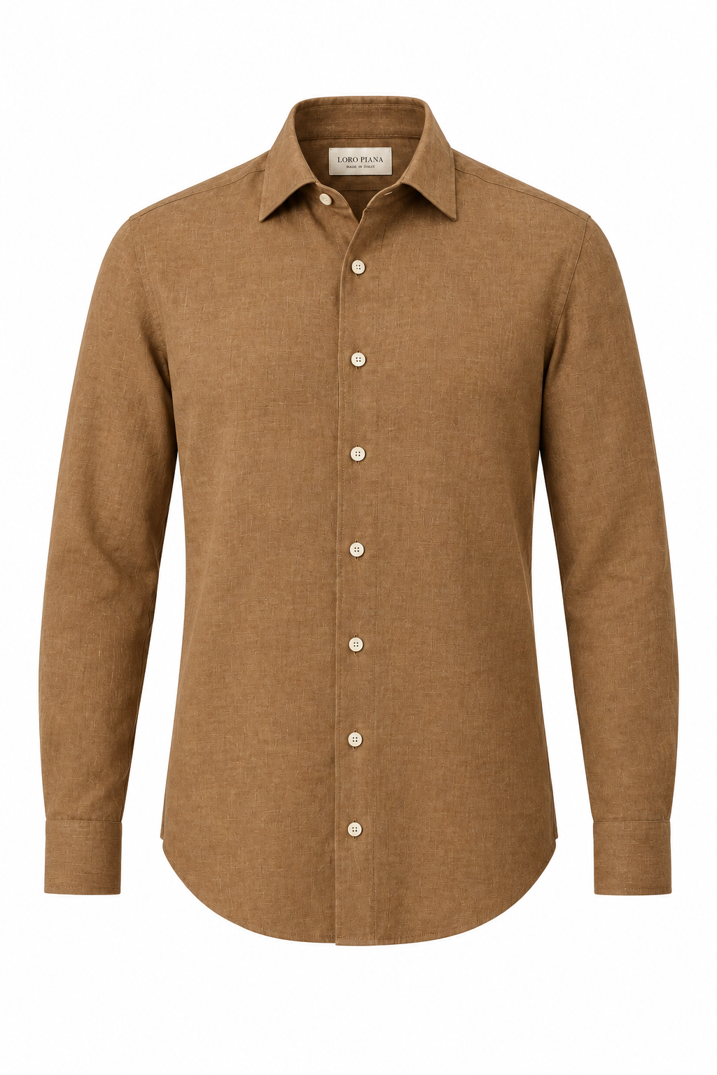 Orange-brown long-sleeved men's shirt with a pointed collar, full button placket, and single-button cuffs.