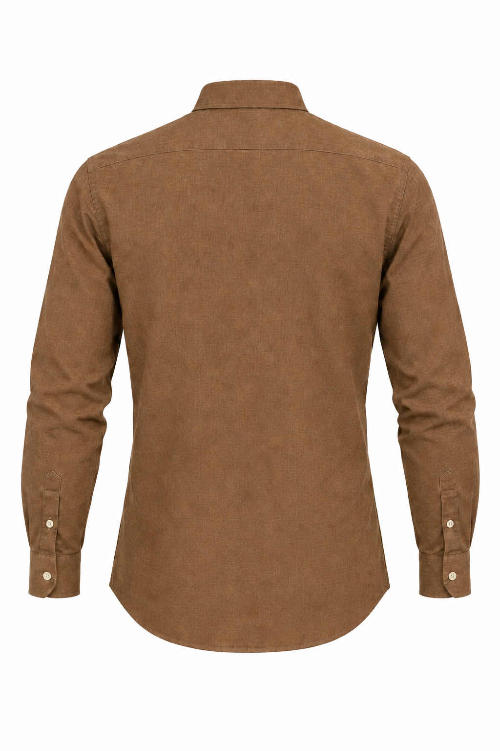 Brown long-sleeved shirt with a back yoke, buttoned cuffs, and a curved hem. Made of a textured fabric.