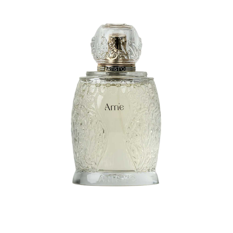 Artist’O Ame Eau de Parfum in a decorative clear glass bottle with beige luxury box, showcasing an elegant and timeless fragrance design – Shop Now Online