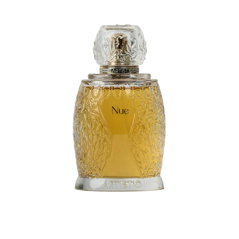 Artist’O Nue Eau de Parfum in an ornate clear glass bottle with golden fragrance tones, displayed with matching luxury packaging – Now Online