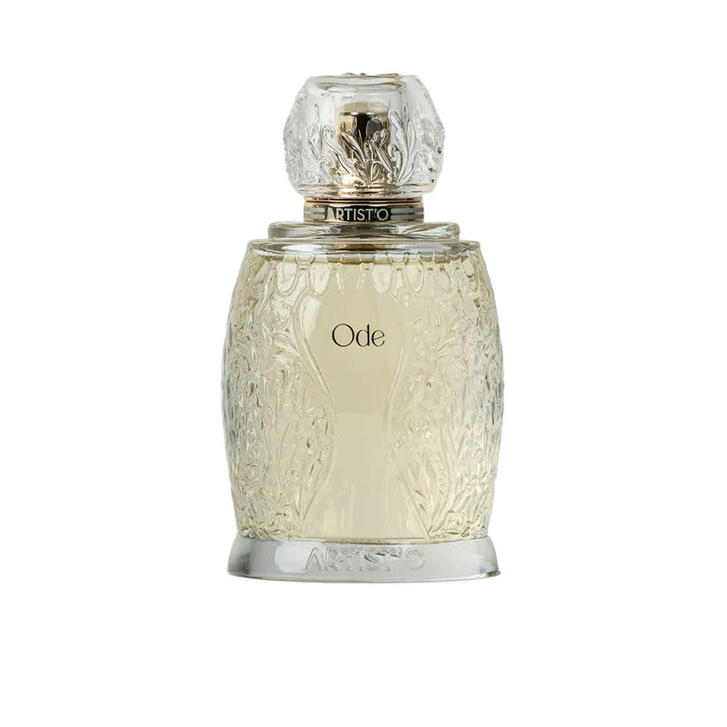 Artist’O Ode Eau de Parfum in an ornate clear glass bottle with a soft ivory fragrance, displayed with pastel pink luxury packaging – Find Online Today