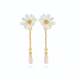 Les Nereides White Flower and Pink Pearl Post Earrings
