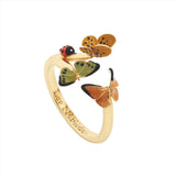 Les Nereides Colourful butterfly and  enameled ladybird adjustable Ring