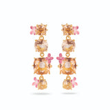 Les Nereides Apricot Peach Diamantine 4 Stone and Flower Dangling Post Earrings