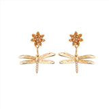 Les Nereides Dragonfly Flower and Crystal Dangling post Earrings