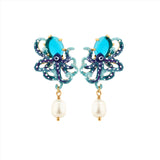 Les Nereides Enameled Blue Octopus, Cut Glass Blue Stone and Pearl Bead Post Earrings