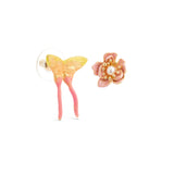 Les Nereides Pink Magnolia Flower And Pink And Yellow Butterfly Asymmetrical Earrings