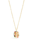Les Nereides Oval Pink Faceted Stone Pendant Necklace With Zinnias And Daisies
