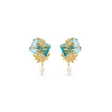 Les Nereides Post Earrings With Blue Cut Stone, Golden Flowers And Cultured Pearl