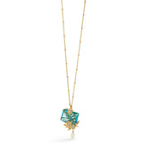 Les Nereides Blue Cut Stone, Golden Flowers And Cultured Pearl Pendant Necklace