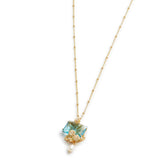 Les Nereides Blue Cut Stone, Golden Flowers And Cultured Pearl Pendant Necklace