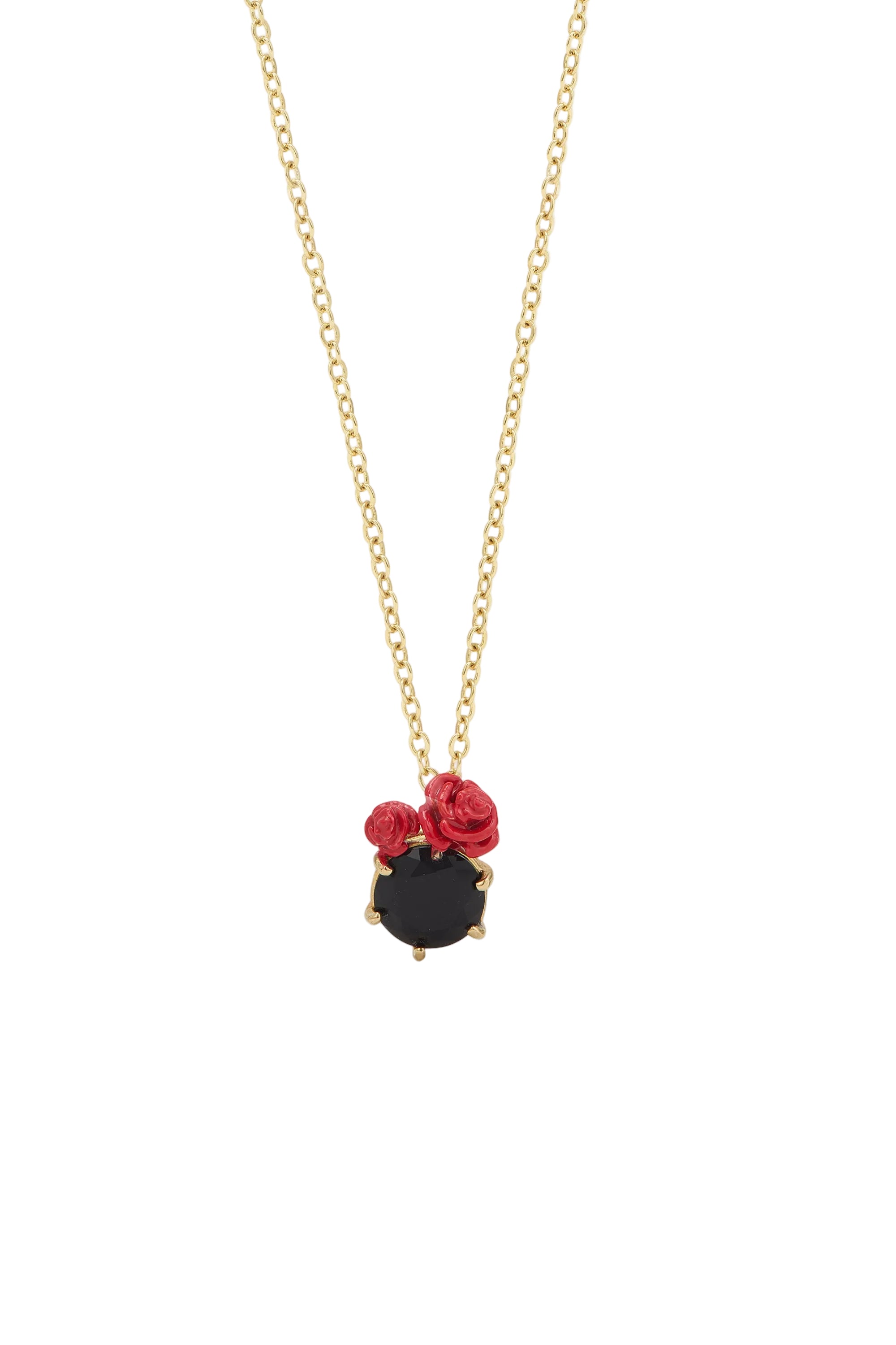 Gold-toned necklace with a black faceted round stone pendant and two small red sculpted roses.