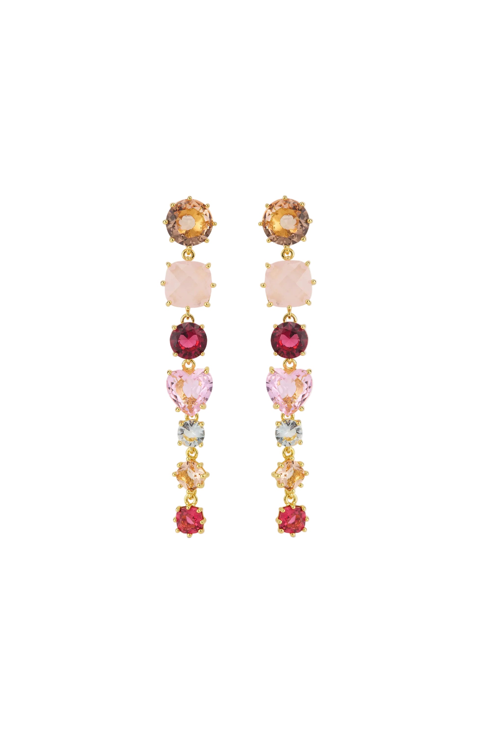 Pair of long drop earrings with gold-toned settings, featuring a cascade of amber, pink, ruby, light blue, and peach faceted