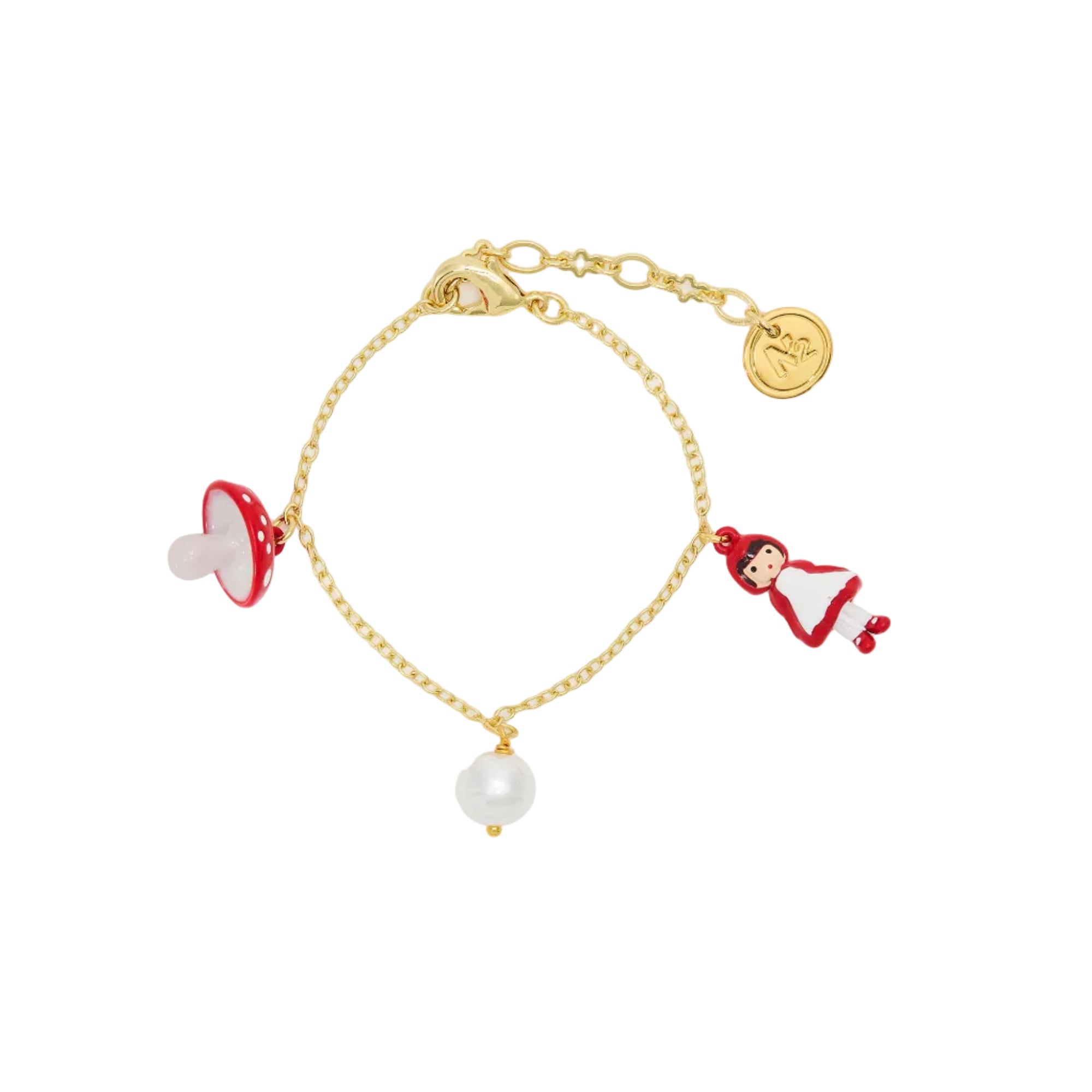 Gold-toned chain bracelet with red mushroom, Little Red Riding Hood figure, and white pearl charms.