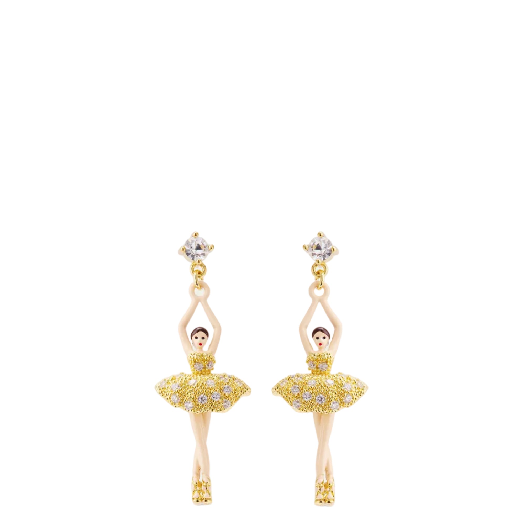 Pair of gold-toned and cream ballerina drop earrings with clear crystal embellished tutus.