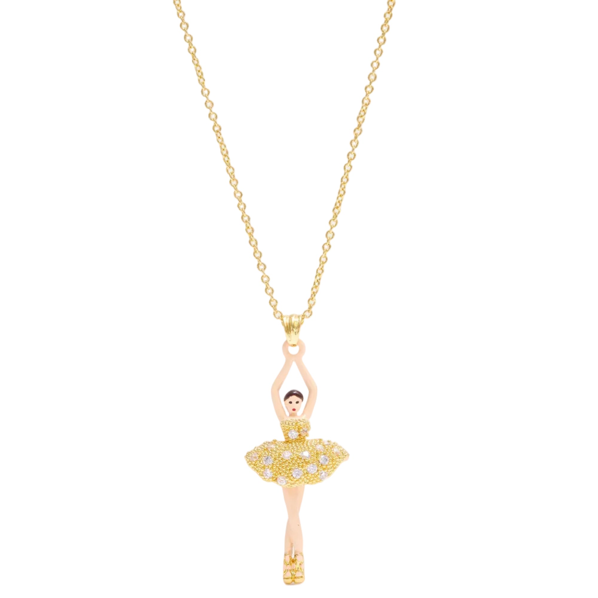 Gold-toned chain necklace with a pink and gold ballerina pendant, featuring a gold tutu embellished with clear crystals.