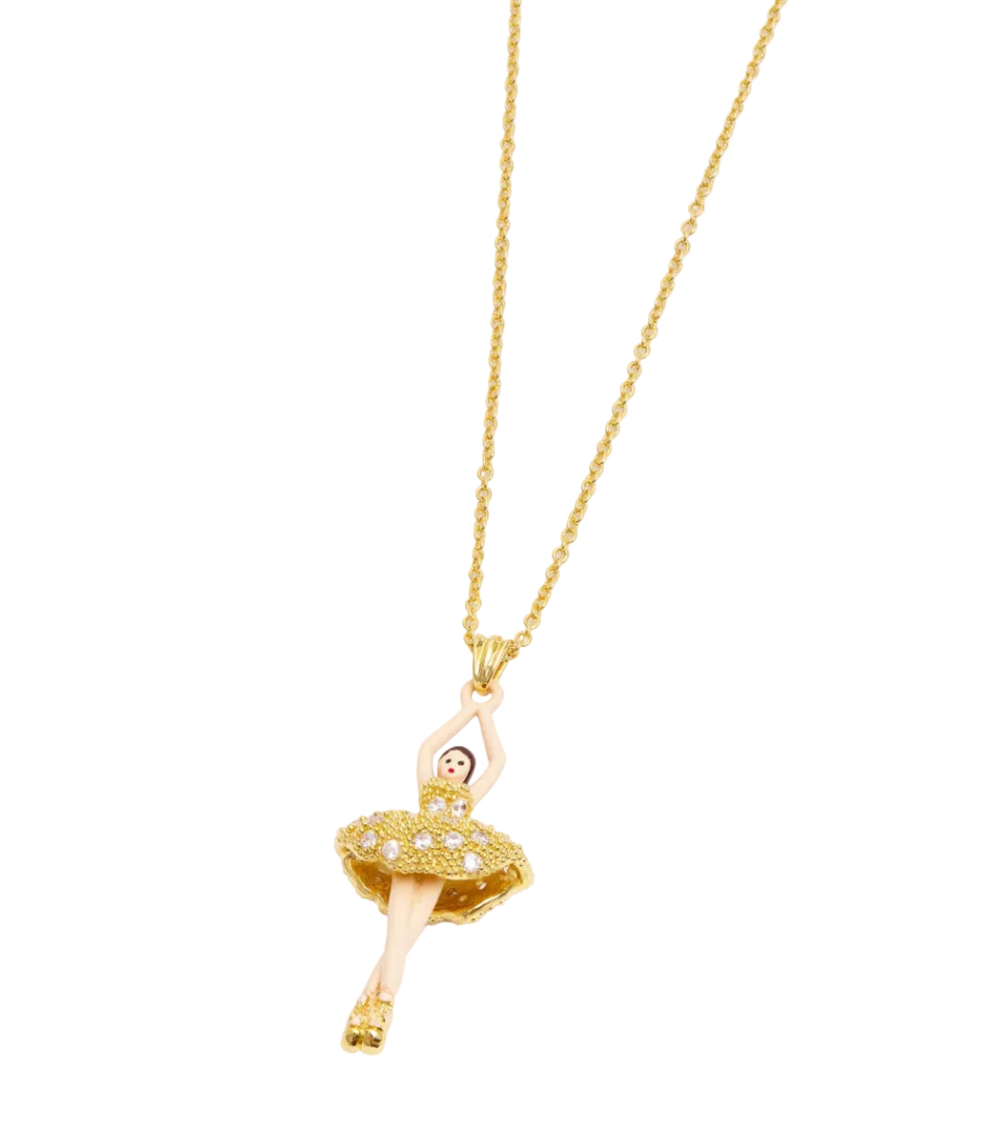 Gold-toned necklace with a ballerina pendant. The ballerina has pale skin, dark hair, and a gold-toned tutu with clear gems.
