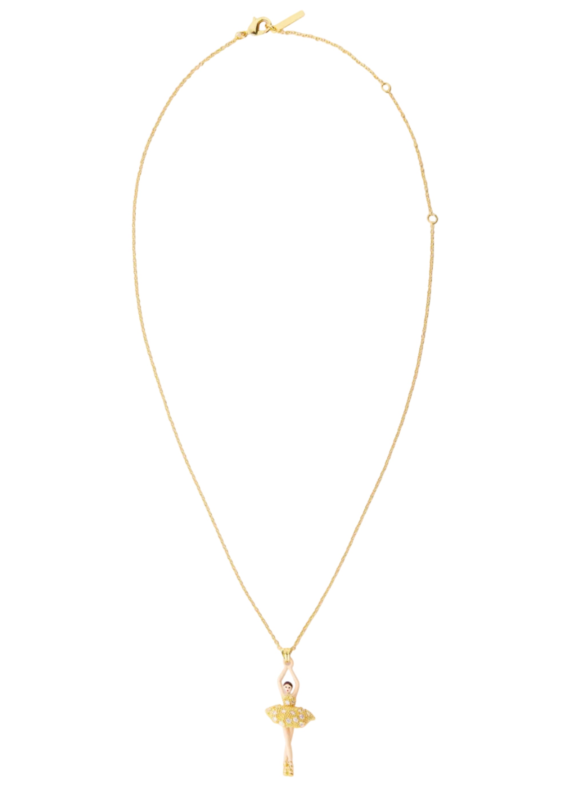 Gold-toned necklace with a ballerina pendant. The ballerina has a light skin tone, dark hair, and a sparkly gold-toned tutu.