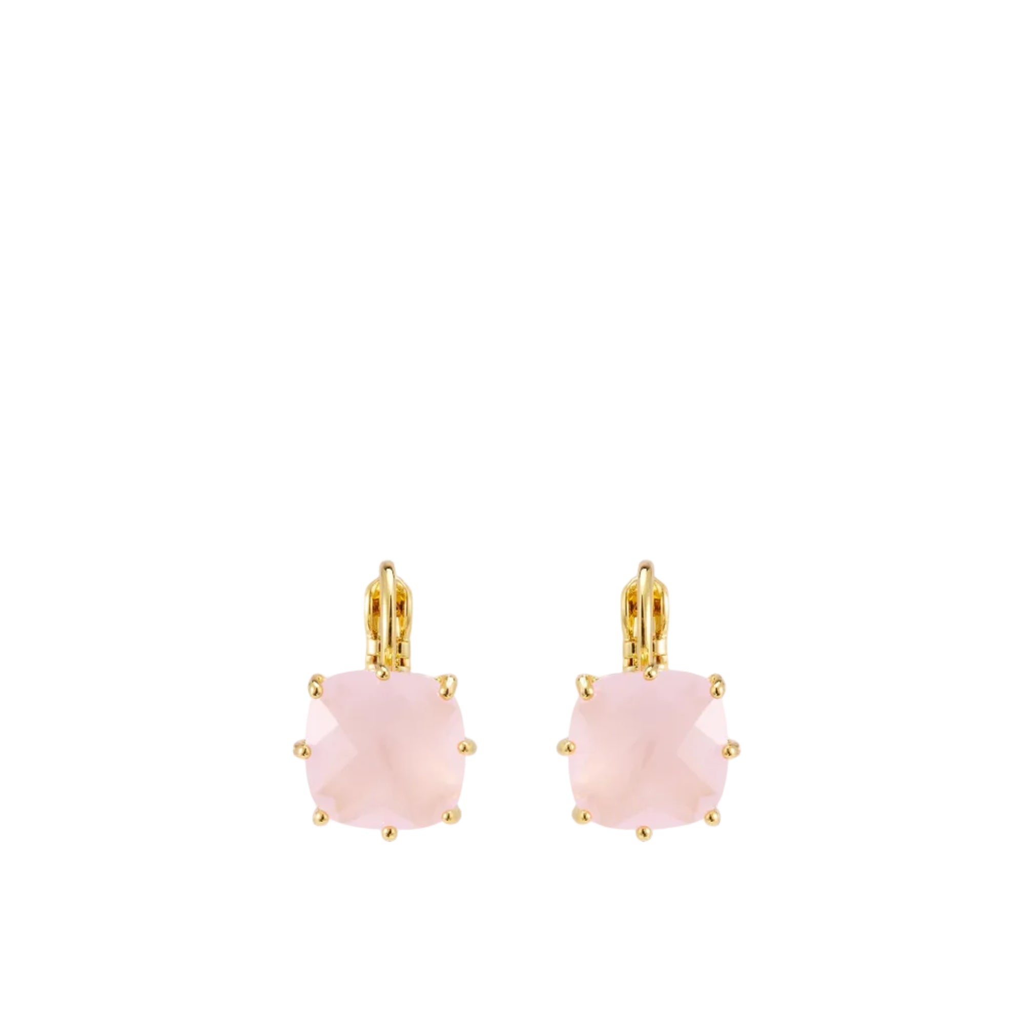 Pair of gold-toned sleeper earrings, each featuring a pale rose cushion-cut faceted stone held by eight prongs.