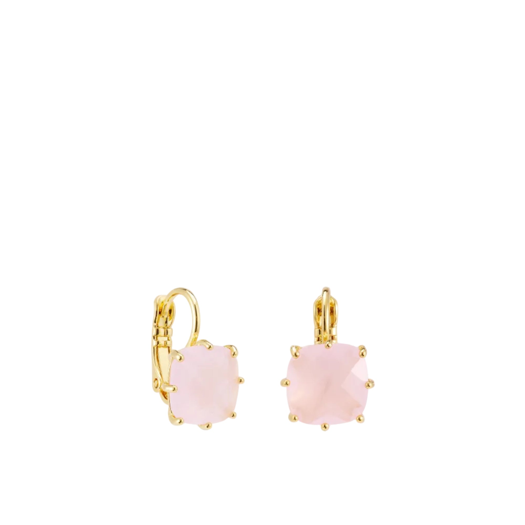 Pair of gold-toned sleeper earrings, each with a faceted pale pink cushion-cut square stone held by prongs.