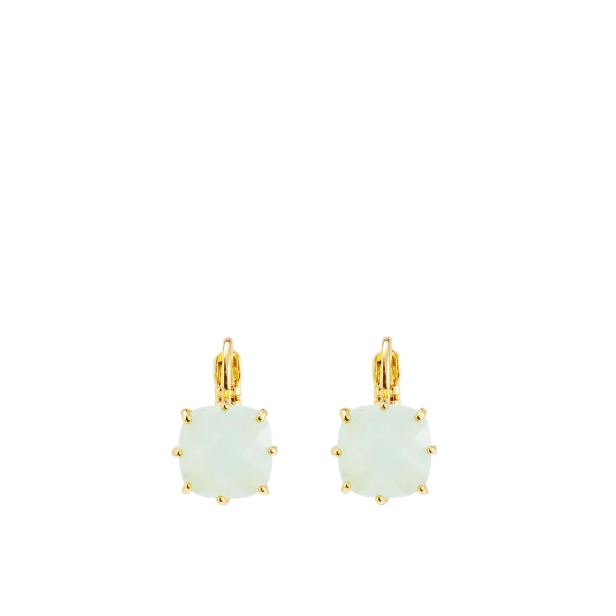 Pair of light green cushion-cut faceted sleeper earrings with gold-toned claw settings and lever-back closures.