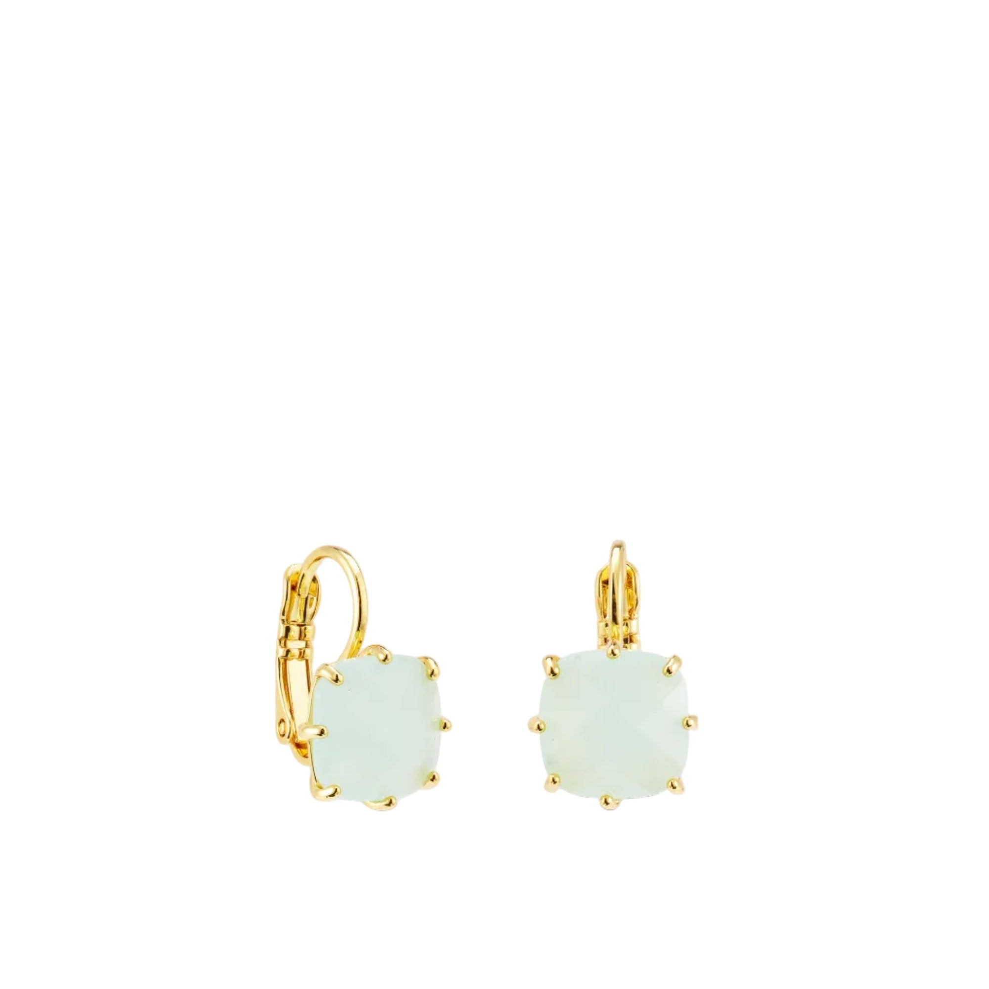 Pair of gold-toned lever-back earrings, each featuring a cushion-cut pale green gemstone in a gold-toned claw setting.