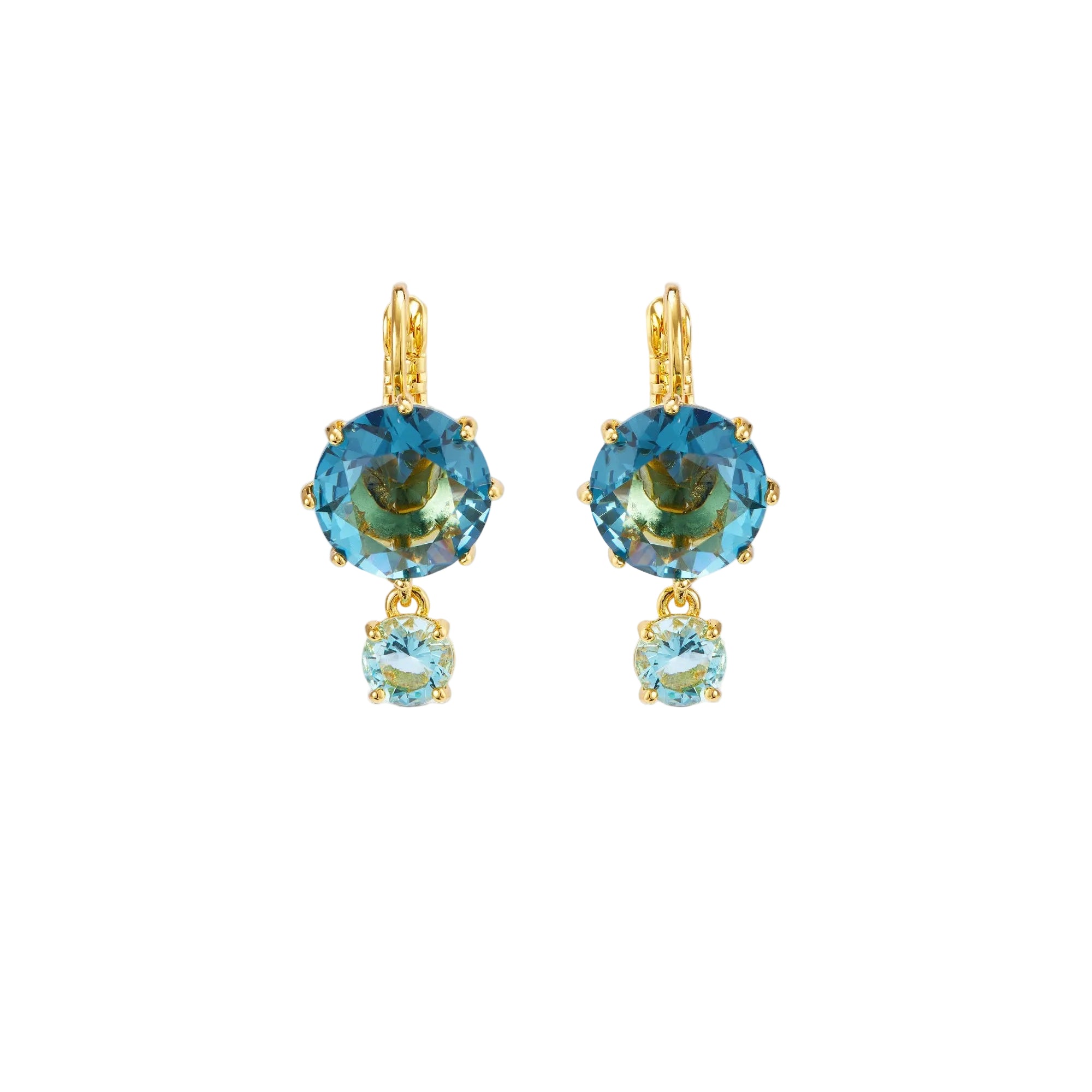 Pair of gold-toned drop earrings, each featuring a large round blue-green faceted crystal and a smaller light blue faceted cr